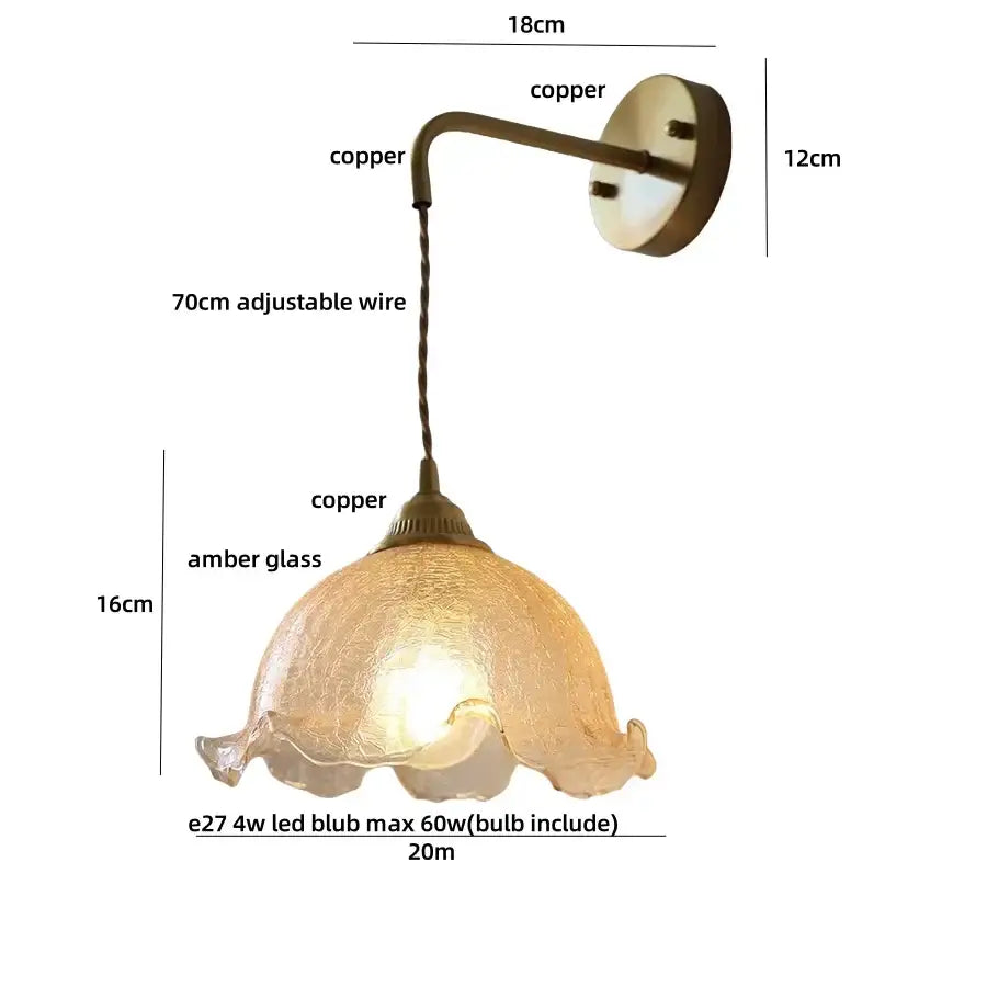 DecorBites™ Amber Glass LED Wall Sconce with Pull Chain Switch for Bedroom and Bathroom