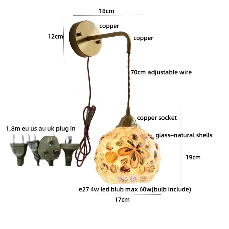 DecorBites™ Amber Glass LED Wall Sconce with Pull Chain Switch for Bedroom and Bathroom