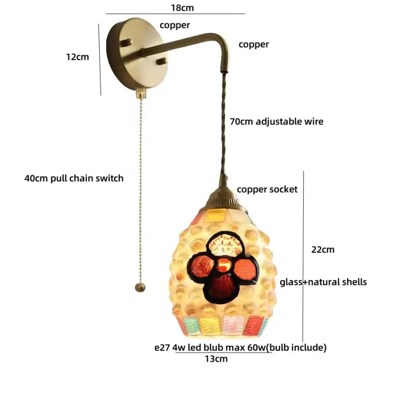 DecorBites™ Amber Glass LED Wall Sconce with Pull Chain Switch for Bedroom and Bathroom
