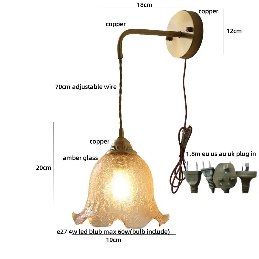 DecorBites™ Amber Glass LED Wall Sconce with Pull Chain Switch for Bedroom and Bathroom