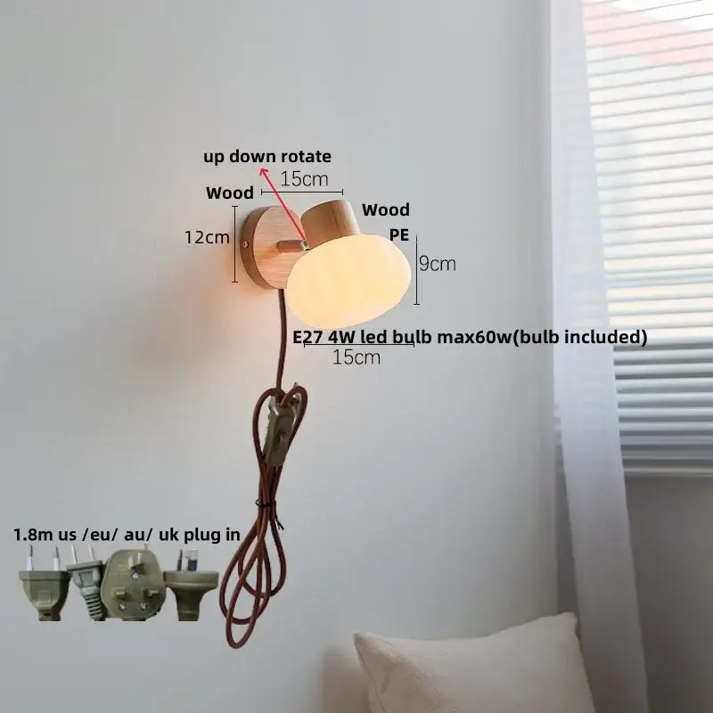 DecorBites™ Amber Glass LED Wall Sconce with Pull Chain Switch, Nordic Modern Wood Stair Light