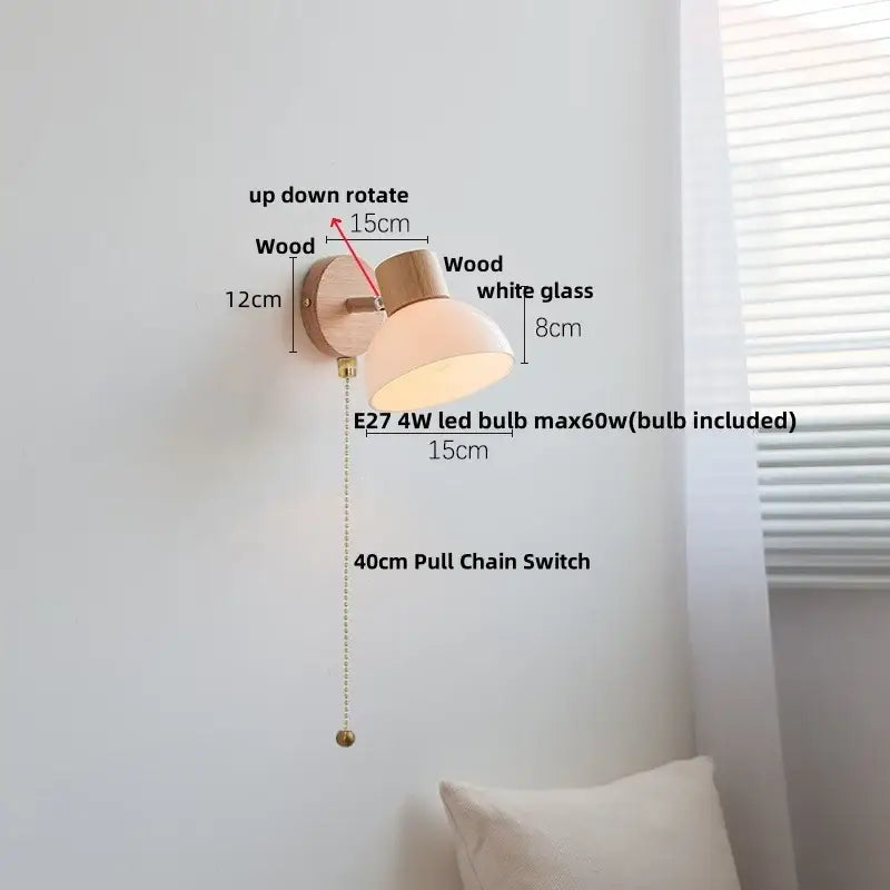 DecorBites™ Amber Glass LED Wall Sconce with Pull Chain Switch, Nordic Modern Wood Stair Light