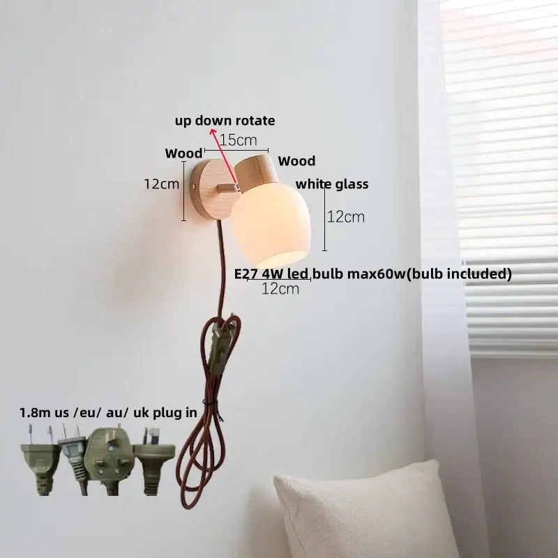 DecorBites™ Amber Glass LED Wall Sconce with Pull Chain Switch, Nordic Modern Wood Stair Light
