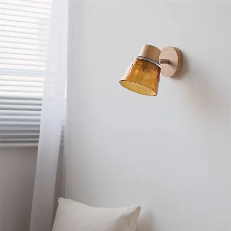 DecorBites™ Amber Glass LED Wall Sconce with Pull Chain Switch, Nordic Modern Wood Stair Light