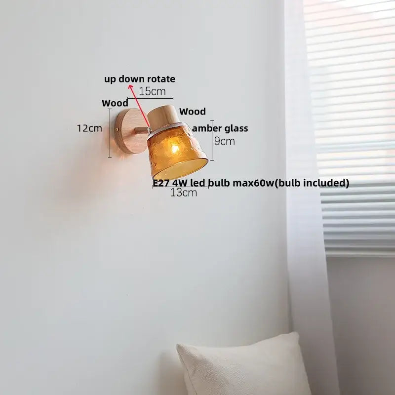 DecorBites™ Amber Glass LED Wall Sconce with Pull Chain Switch, Nordic Modern Wood Stair Light