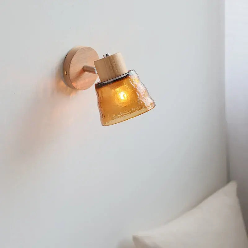 DecorBites™ Amber Glass LED Wall Sconce with Pull Chain Switch, Nordic Modern Wood Stair Light