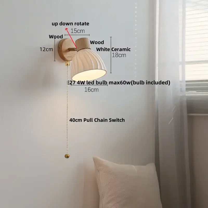 DecorBites™ Amber Glass LED Wall Sconce with Pull Chain Switch, Nordic Modern Wood Stair Light