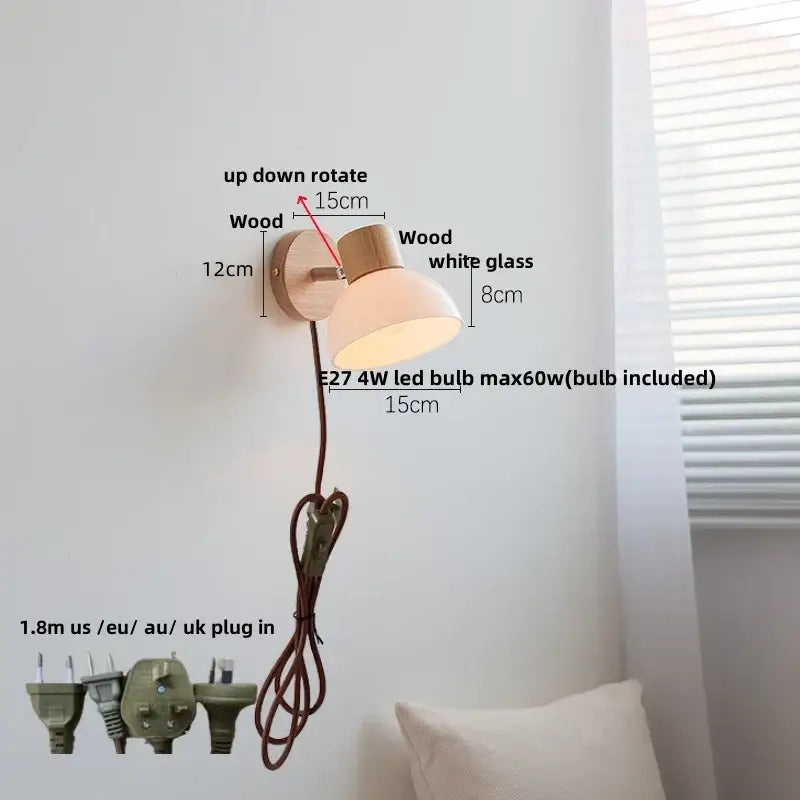 DecorBites™ Amber Glass LED Wall Sconce with Pull Chain Switch, Nordic Modern Wood Stair Light