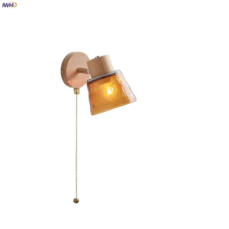 DecorBites™ Amber Glass LED Wall Sconce with Pull Chain Switch, Nordic Modern Wood Stair Light