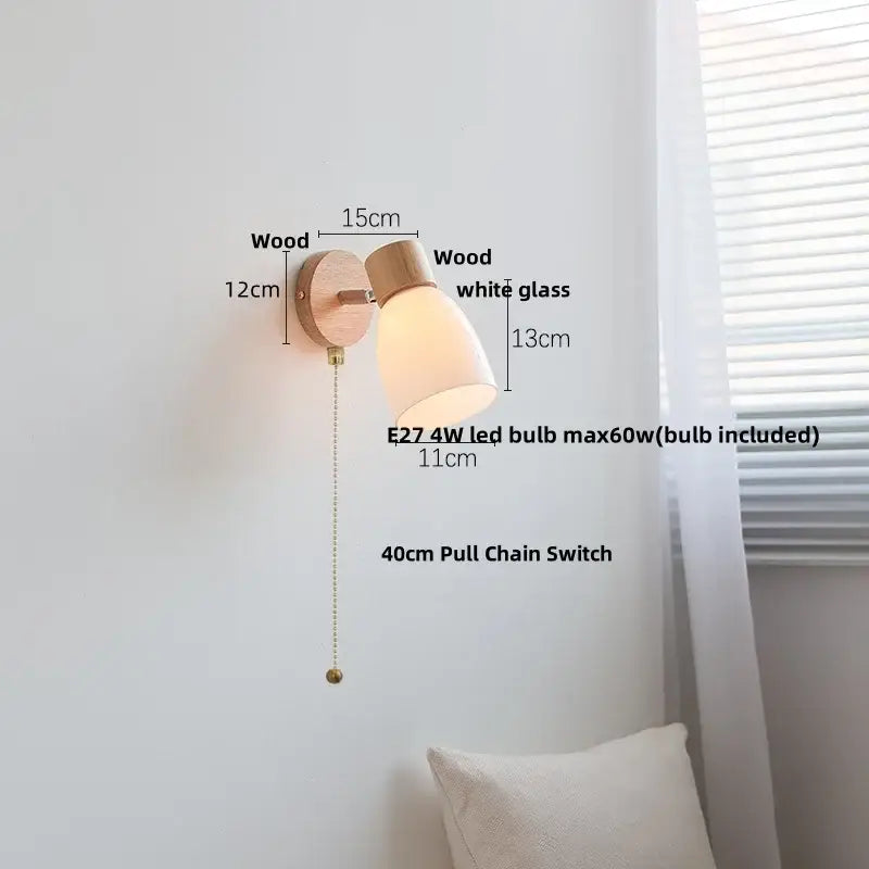 DecorBites™ Amber Glass LED Wall Sconce with Pull Chain Switch, Nordic Modern Wood Stair Light
