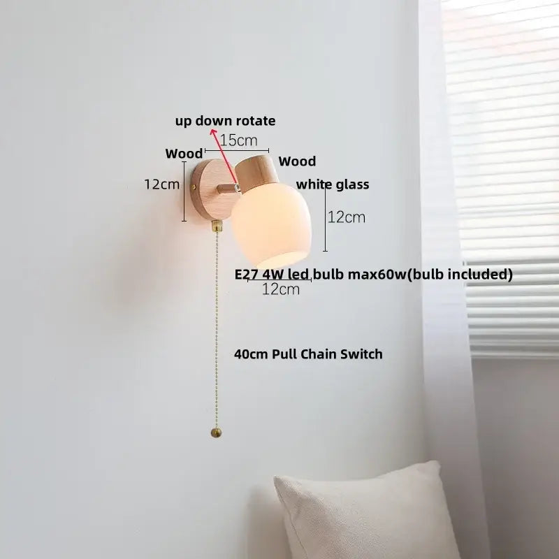 DecorBites™ Amber Glass LED Wall Sconce with Pull Chain Switch, Nordic Modern Wood Stair Light