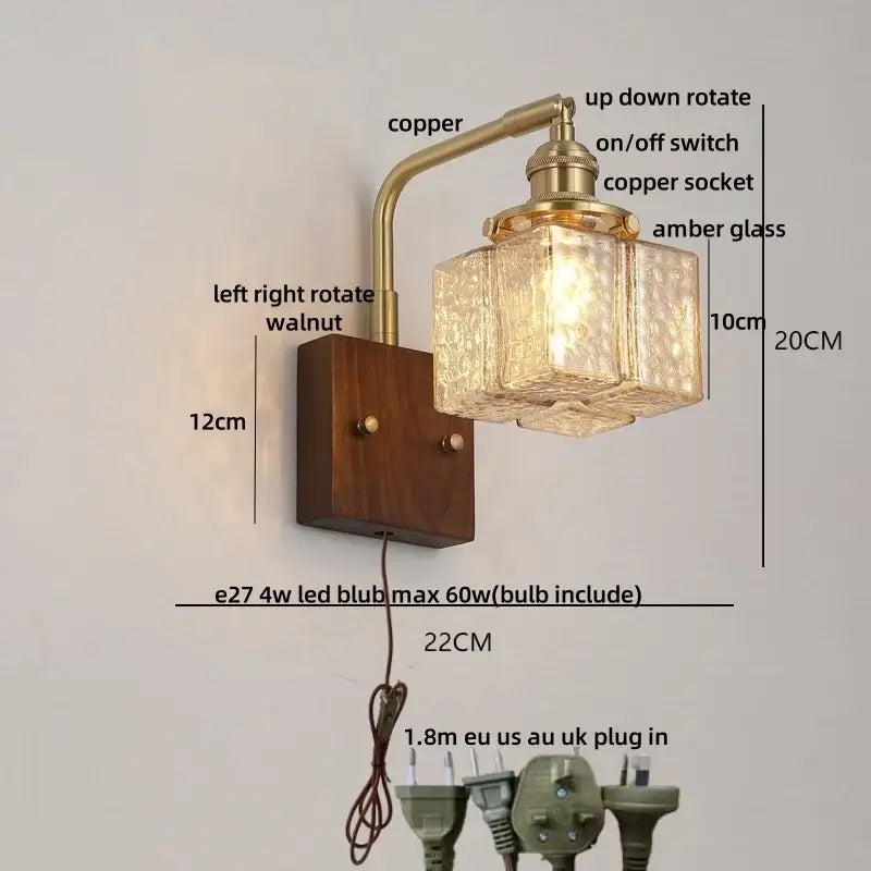DecorBites™ Amber Glass LED Wall Sconce with Walnut Wood, Pull Chain Switch for Living Room