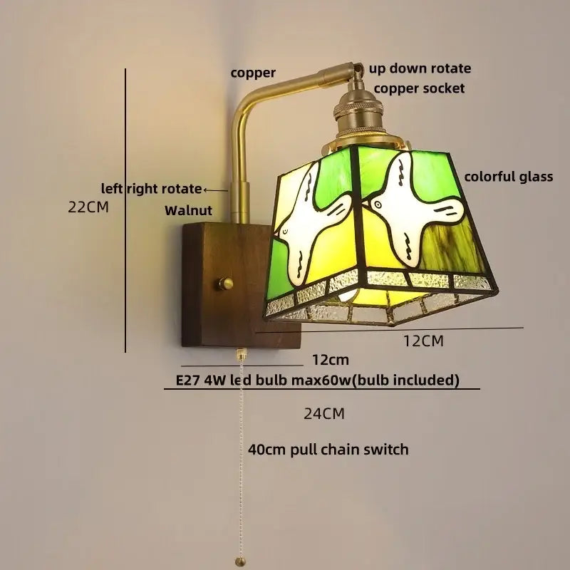 DecorBites™ Amber Glass LED Wall Sconce with Walnut Wood, Pull Chain Switch for Living Room
