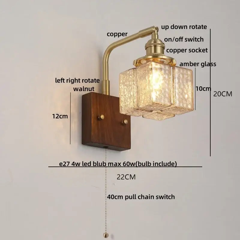 DecorBites™ Amber Glass LED Wall Sconce with Walnut Wood, Pull Chain Switch for Living Room