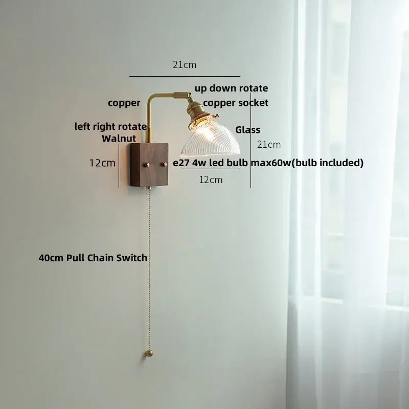 DecorBites™ Amber Glass LED Wall Sconce with Walnut Wood, Pull Chain Switch for Living Room