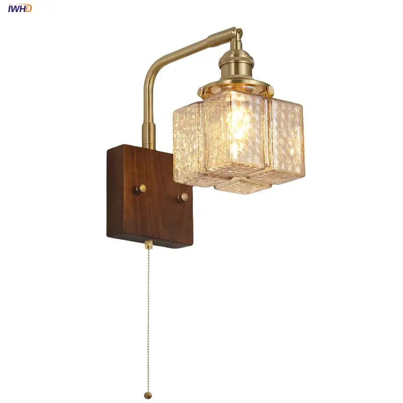 DecorBites™ Amber Glass LED Wall Sconce with Walnut Wood, Pull Chain Switch for Living Room