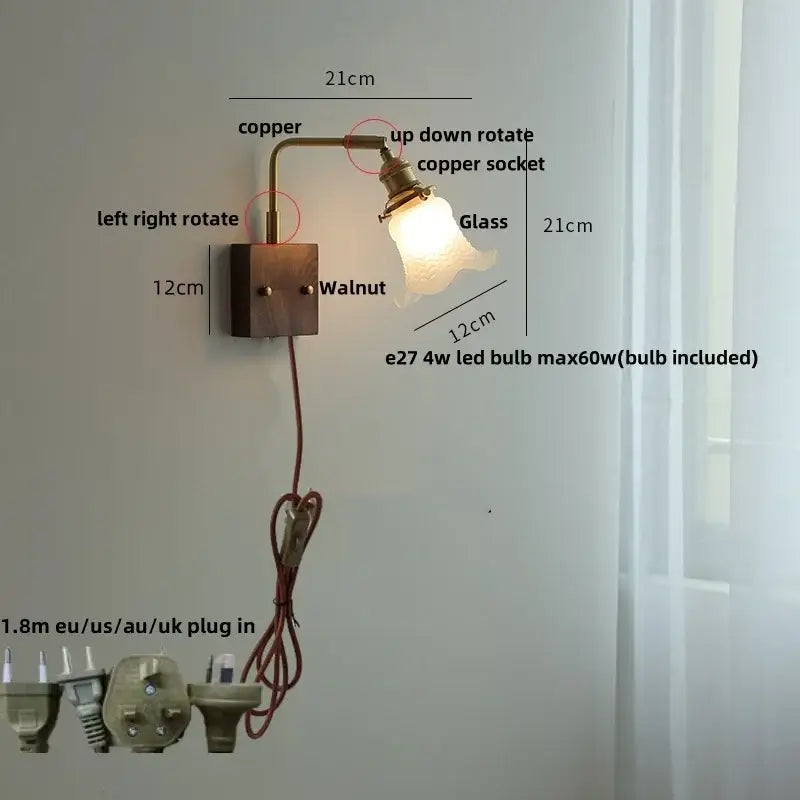 DecorBites™ Amber Glass LED Wall Sconce with Walnut Wood, Pull Chain Switch for Living Room