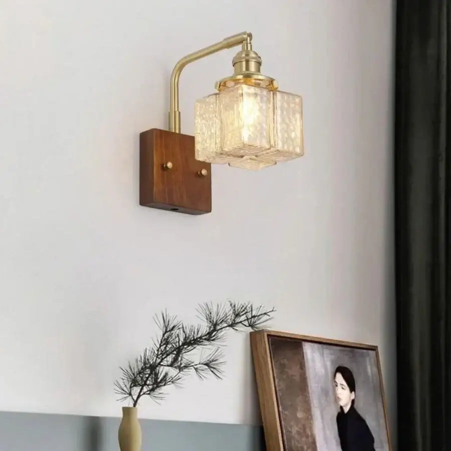 DecorBites™ Amber Glass LED Wall Sconce with Walnut Wood, Pull Chain Switch for Living Room