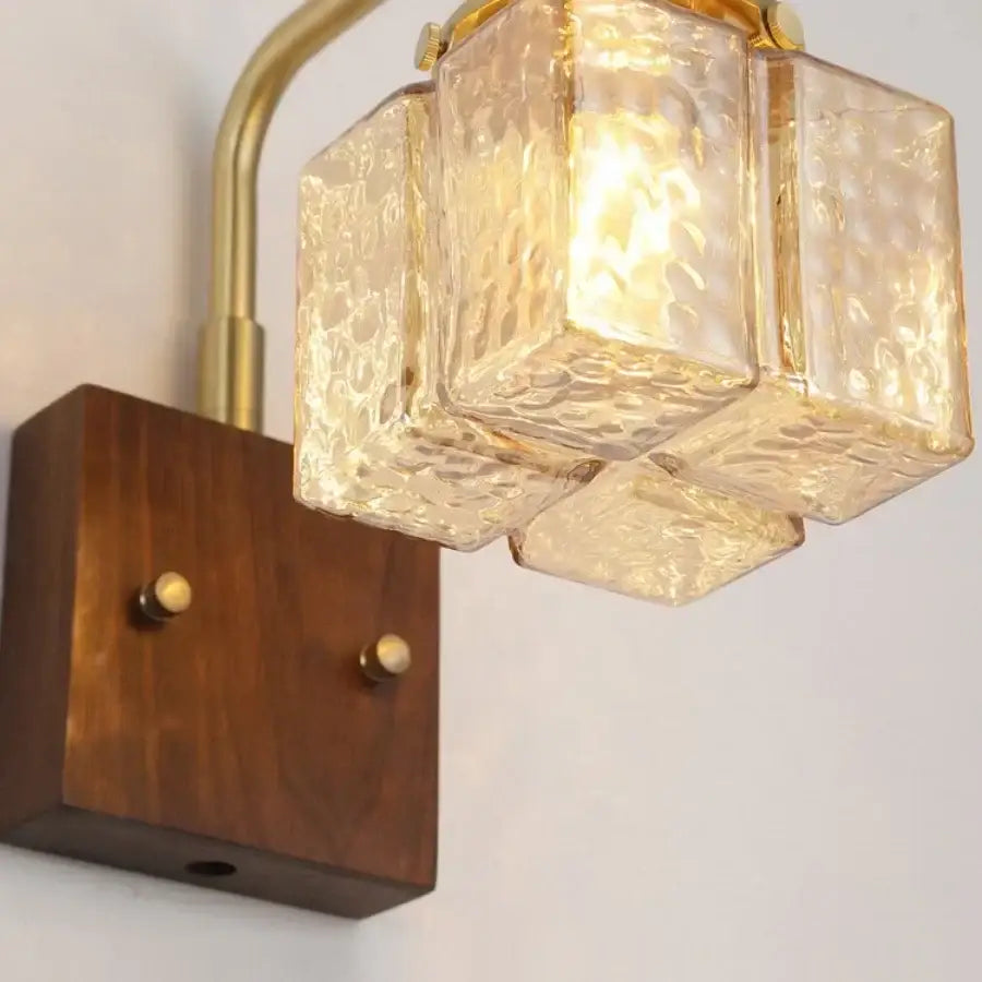 DecorBites™ Amber Glass LED Wall Sconce with Walnut Wood, Pull Chain Switch for Living Room