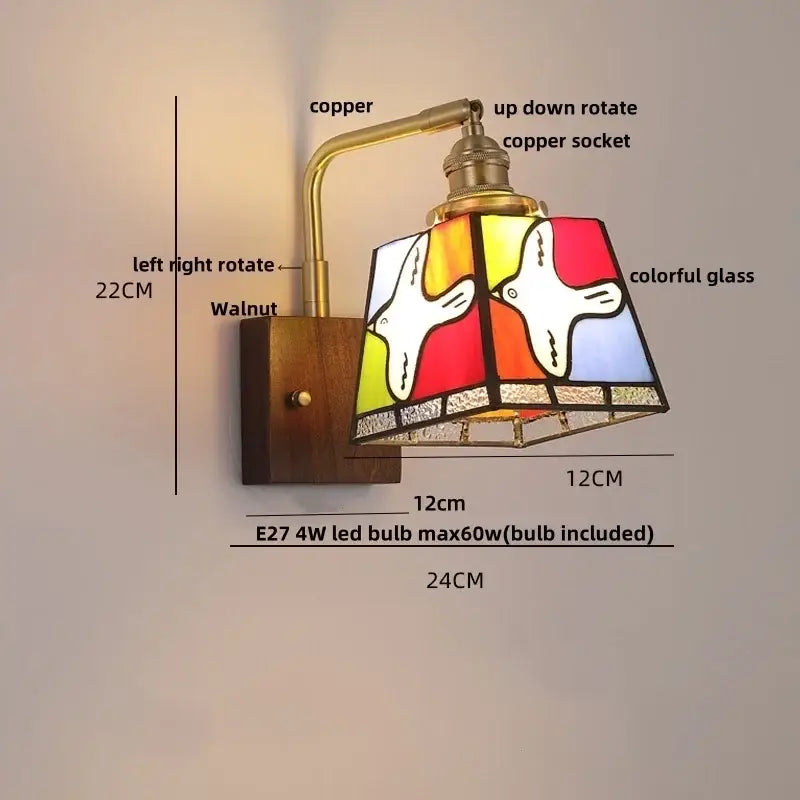 DecorBites™ Amber Glass LED Wall Sconce with Walnut Wood, Pull Chain Switch for Living Room
