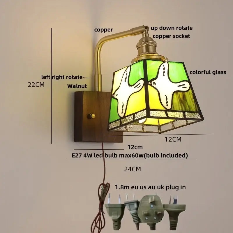 DecorBites™ Amber Glass LED Wall Sconce with Walnut Wood, Pull Chain Switch for Living Room