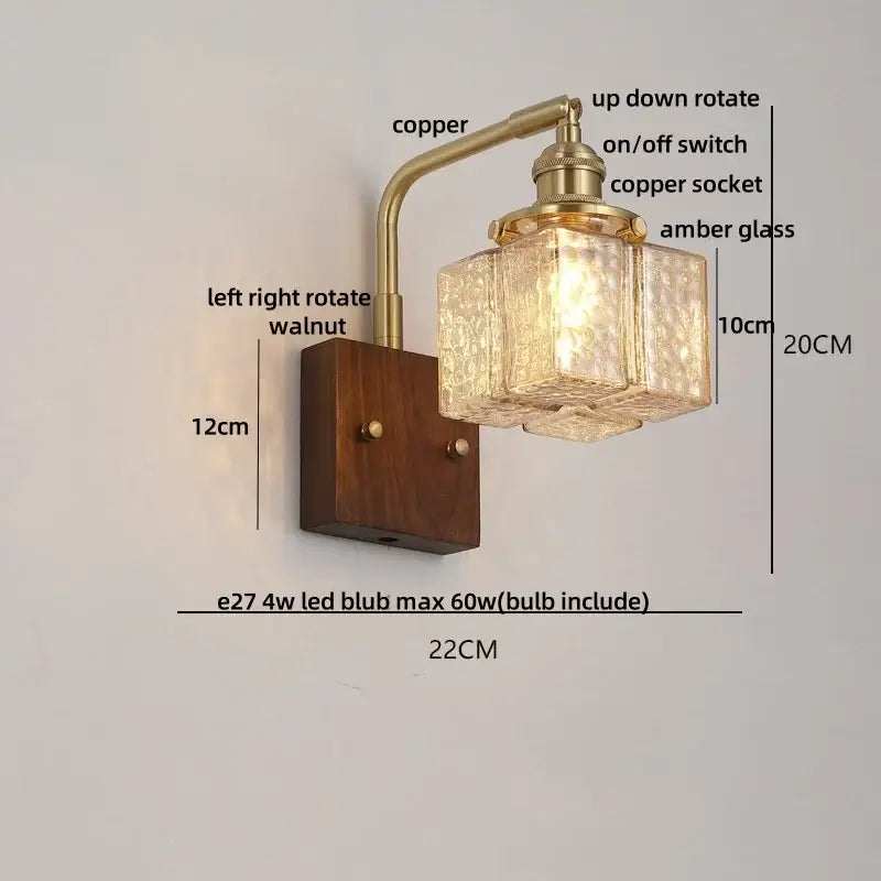DecorBites™ Amber Glass LED Wall Sconce with Walnut Wood, Pull Chain Switch for Living Room