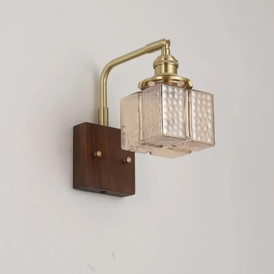 DecorBites™ Amber Glass LED Wall Sconce with Walnut Wood, Pull Chain Switch for Living Room