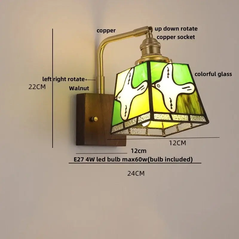 DecorBites™ Amber Glass LED Wall Sconce with Walnut Wood, Pull Chain Switch for Living Room