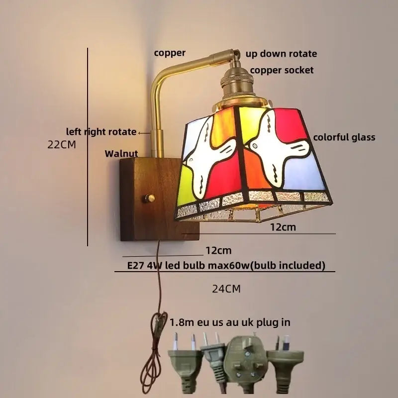 DecorBites™ Amber Glass LED Wall Sconce with Walnut Wood, Pull Chain Switch for Living Room