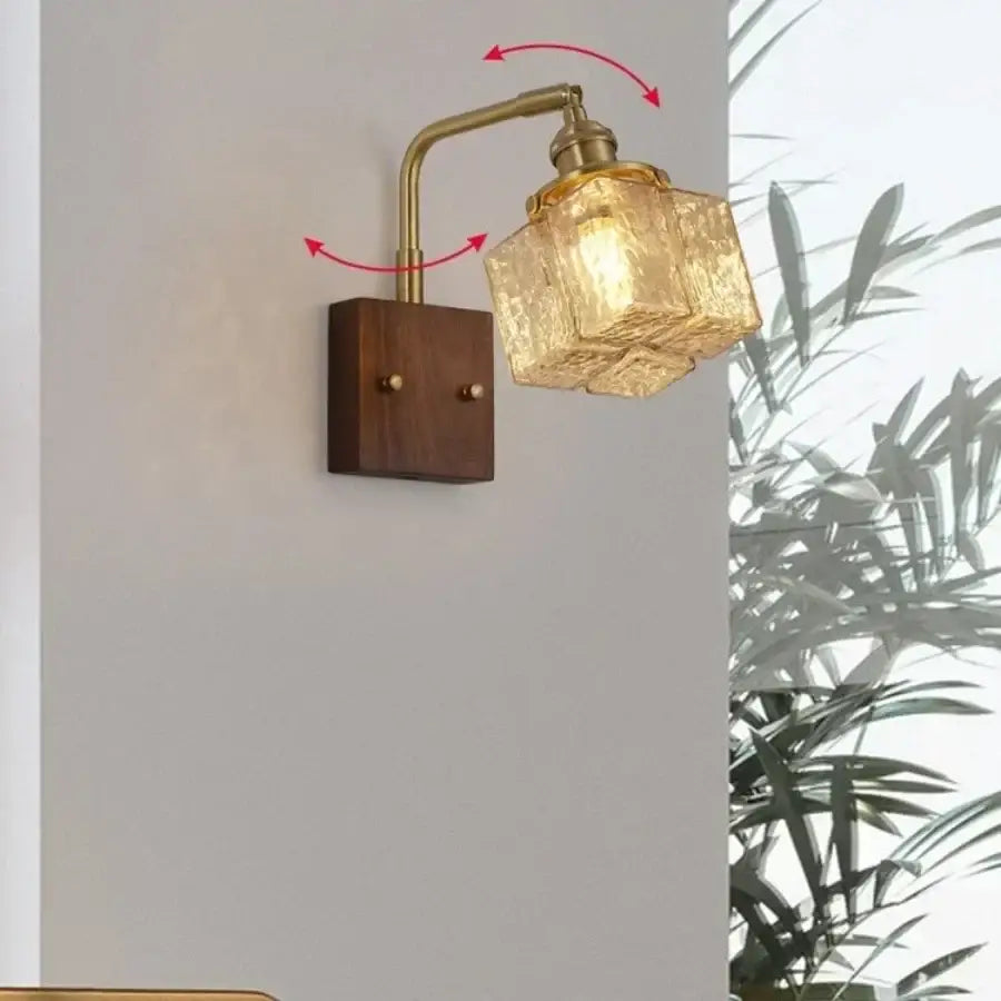 DecorBites™ Amber Glass LED Wall Sconce with Walnut Wood, Pull Chain Switch for Living Room