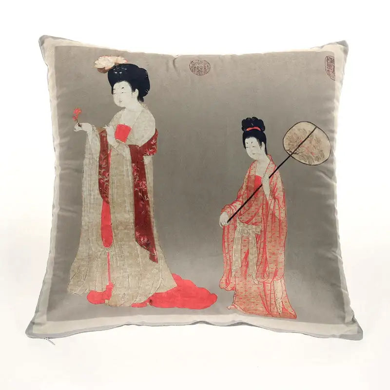 DecorBites™ Ancient Chinese Beauty Girl Velvet Satin Throw Pillow Cover 45x45cm