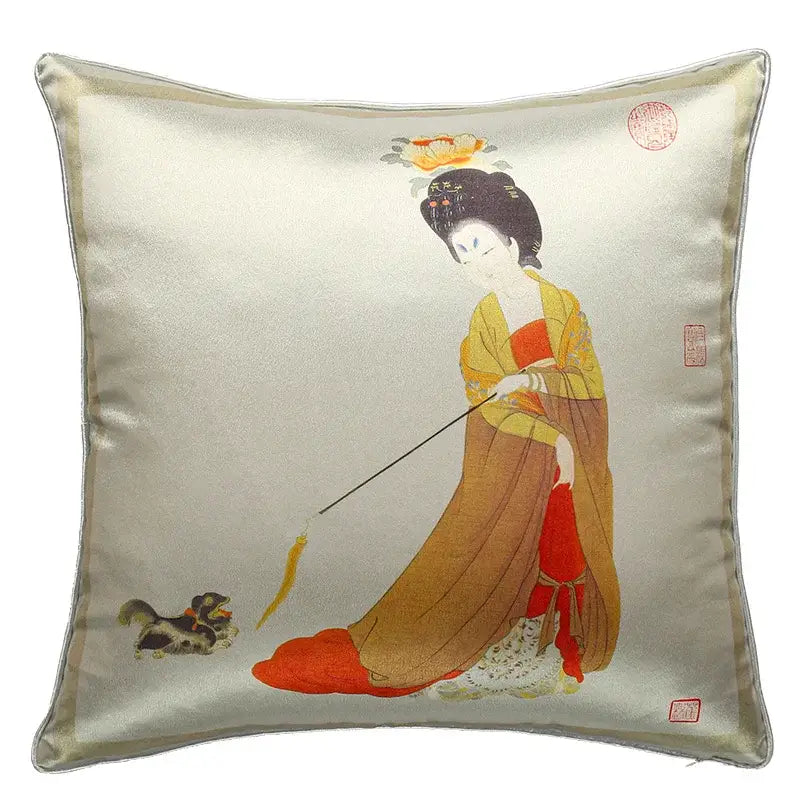 DecorBites™ Ancient Chinese Beauty Girl Velvet Satin Throw Pillow Cover 45x45cm