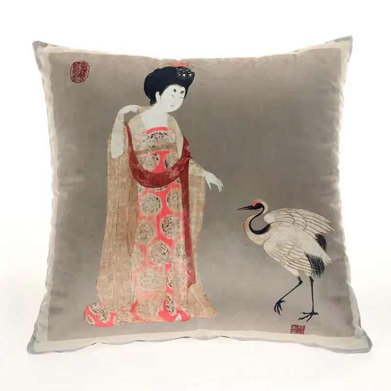 DecorBites™ Ancient Chinese Beauty Girl Velvet Satin Throw Pillow Cover 45x45cm