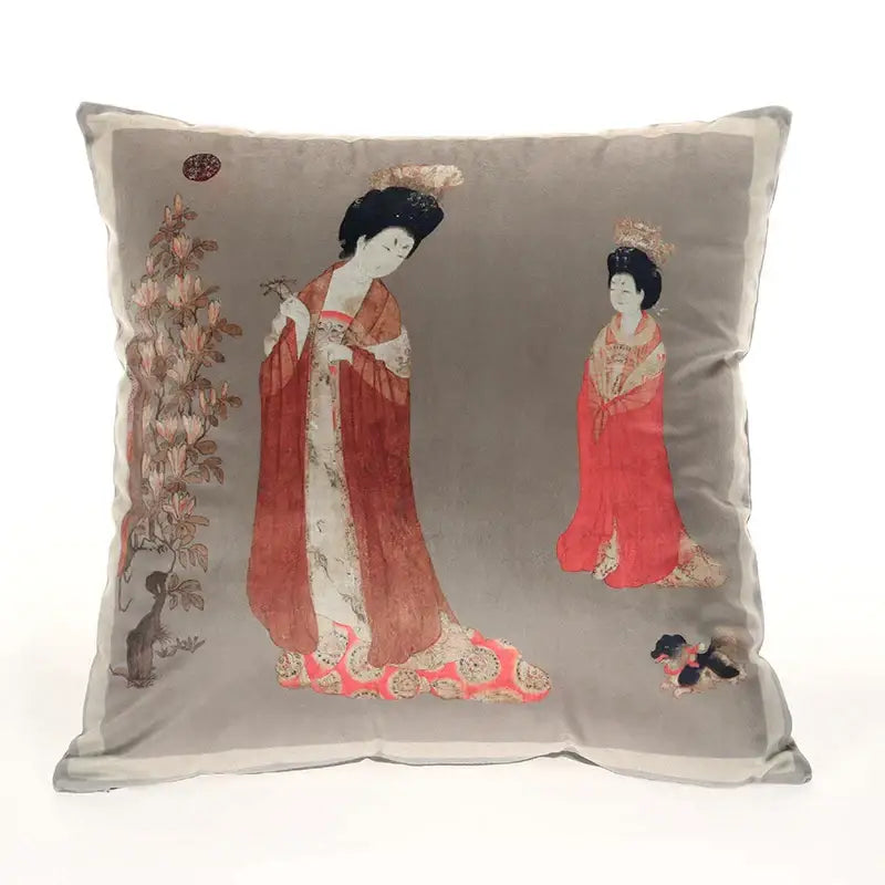 DecorBites™ Ancient Chinese Beauty Girl Velvet Satin Throw Pillow Cover 45x45cm