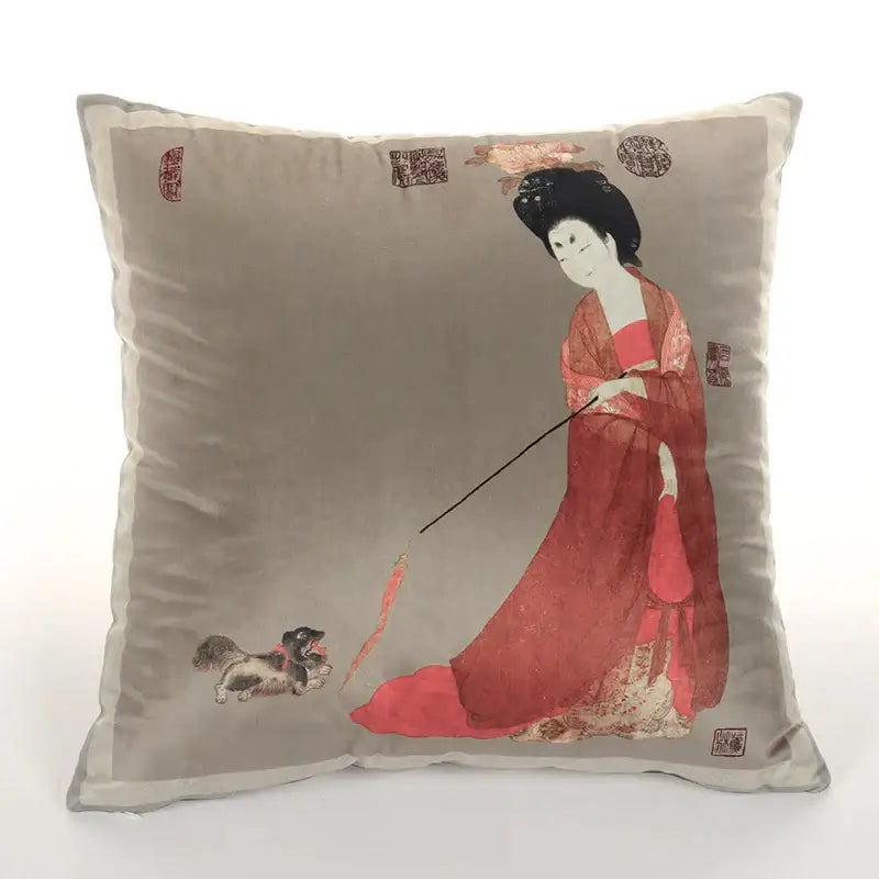DecorBites™ Ancient Chinese Beauty Girl Velvet Satin Throw Pillow Cover 45x45cm