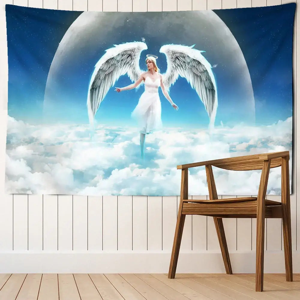 DecorBites™ Angel Tapestry Wall Hanging: Blue Sky White Clouds Halo Bohemian Art Decor