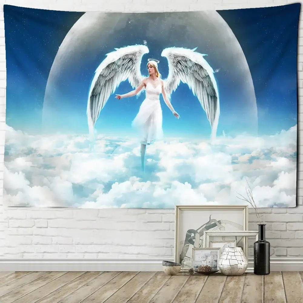 DecorBites™ Angel Tapestry Wall Hanging: Blue Sky White Clouds Halo Bohemian Art Decor