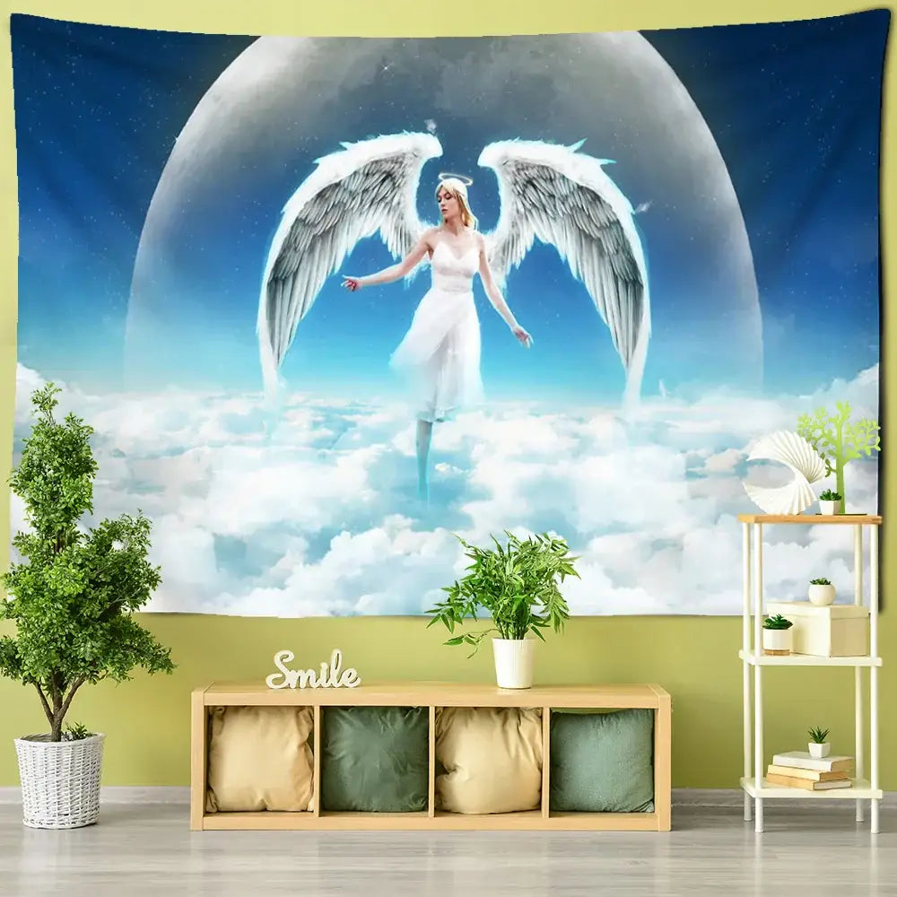 DecorBites™ Angel Tapestry Wall Hanging: Blue Sky White Clouds Halo Bohemian Art Decor