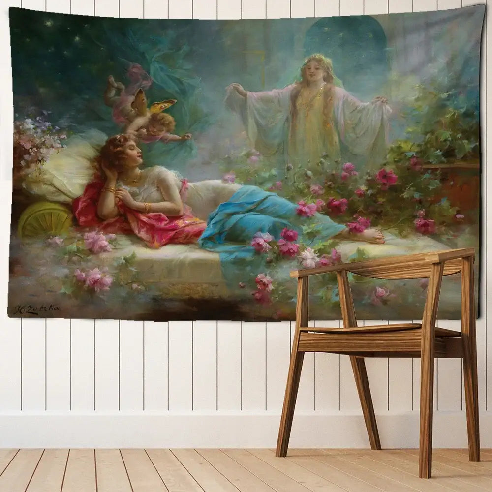 DecorBites™ Angels & Beauty Misty Oil Painting Tapestry Wall Hanging for Room Decor