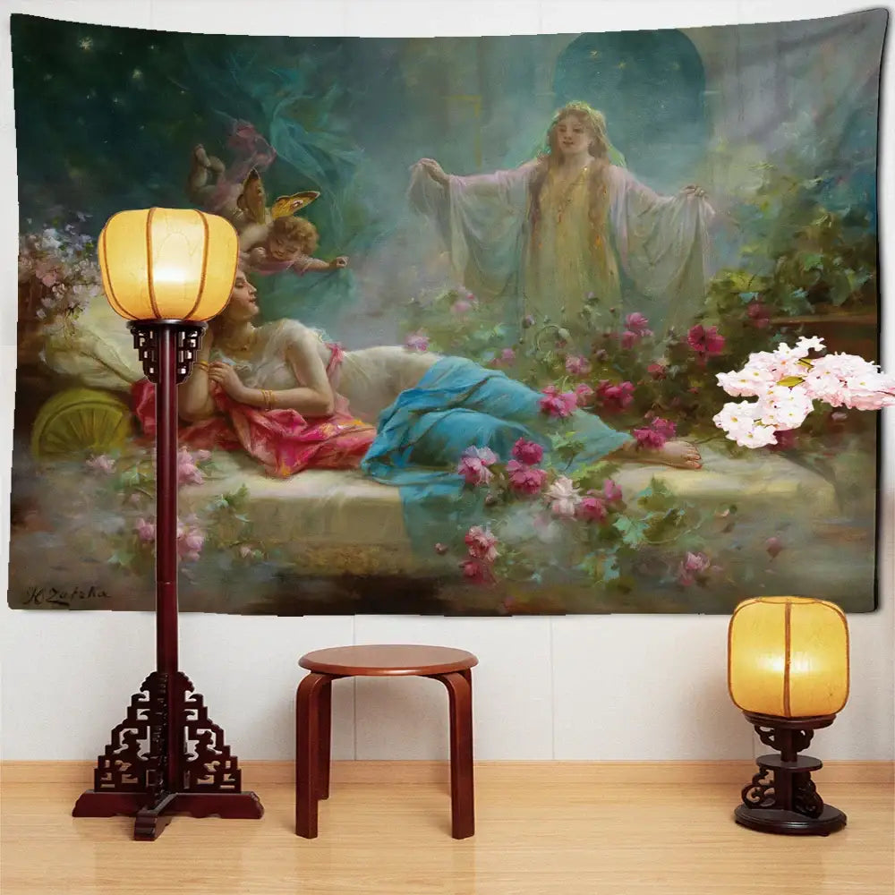 DecorBites™ Angels & Beauty Misty Oil Painting Tapestry Wall Hanging for Room Decor