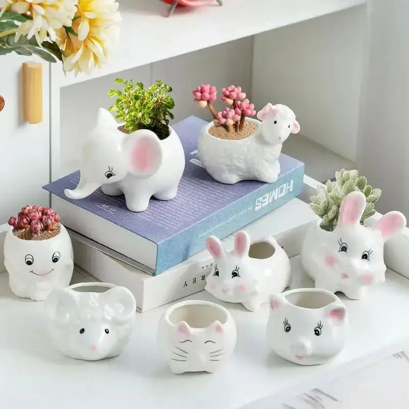 DecorBites™ Animal Cartoon Ceramic Flowerpot for Nursery Planting - Cute Rabbit Elephant Sheep Octopus