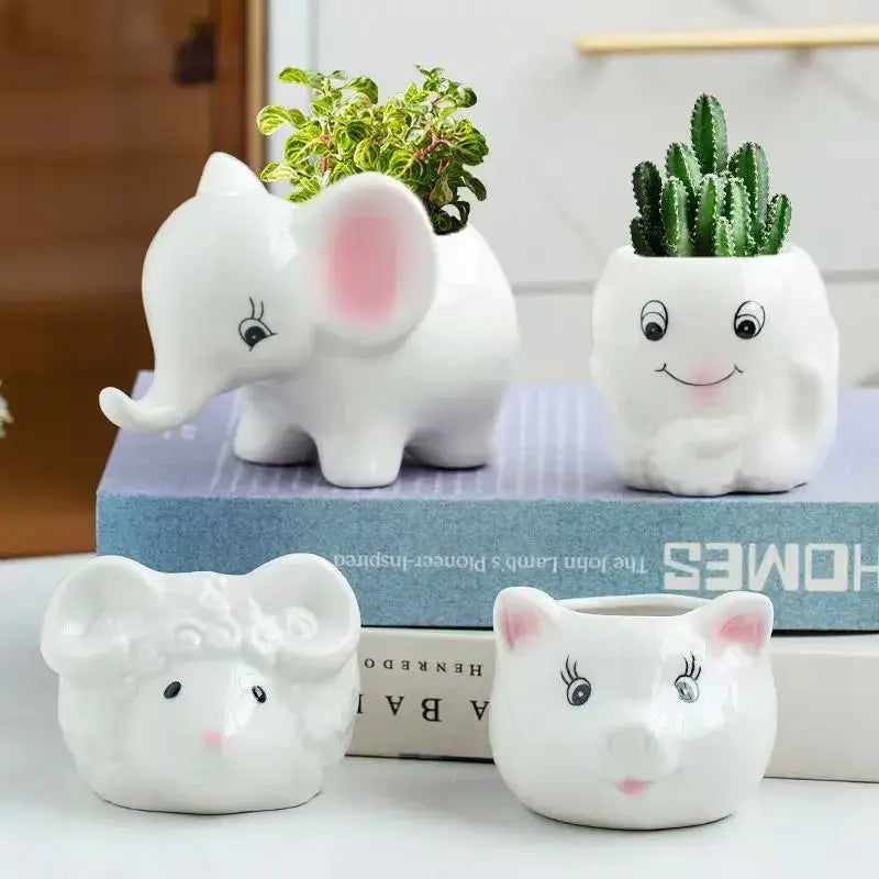 DecorBites™ Animal Cartoon Ceramic Flowerpot for Nursery Planting - Cute Rabbit Elephant Sheep Octopus