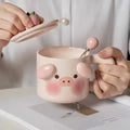DecorBites™ Animal Ceramic Mug Set: Pig Dog Design, Lid, Spoon, Saucer - Breakfast Coffee Cup