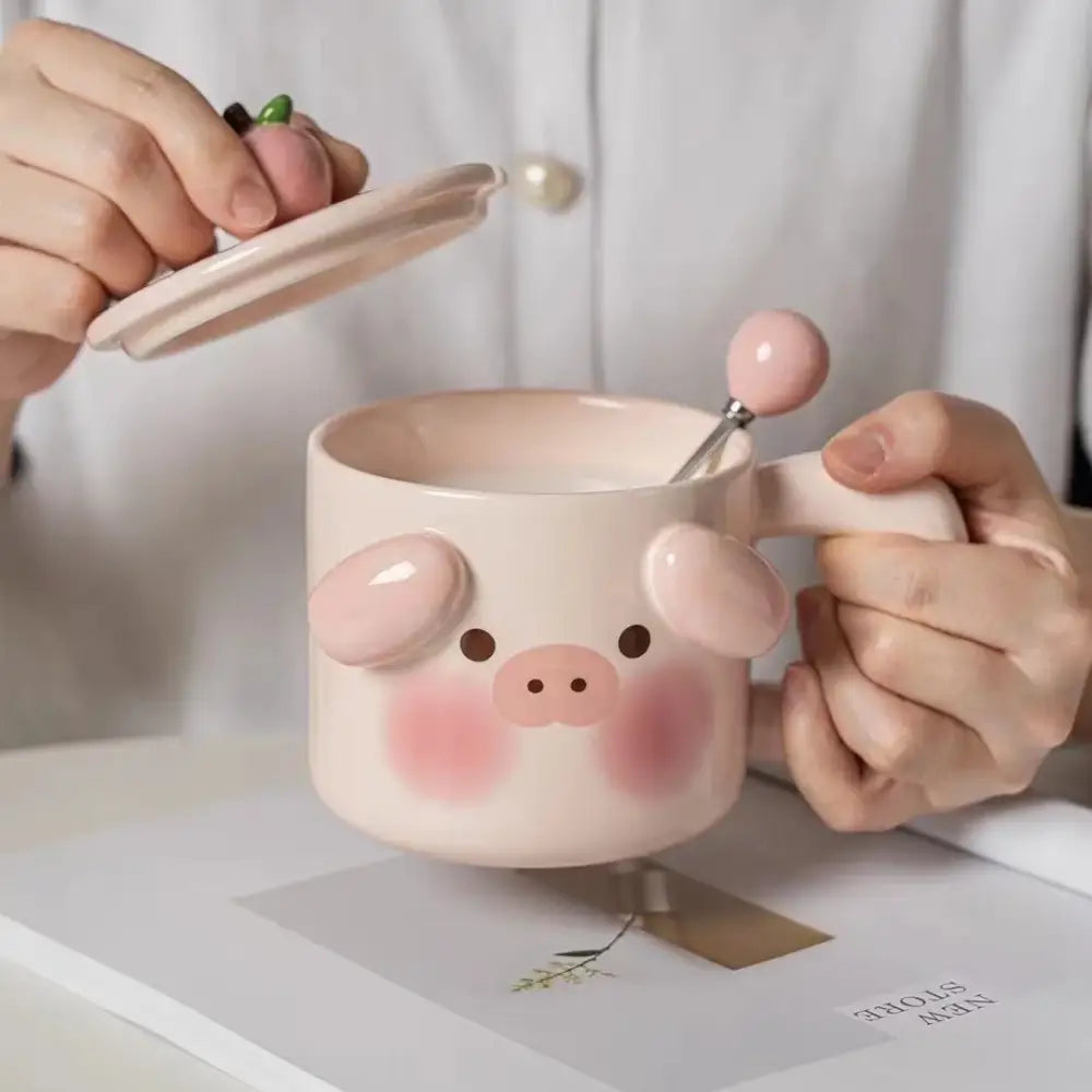 DecorBites™ Animal Ceramic Mug Set: Pig Dog Design, Lid, Spoon, Saucer - Breakfast Coffee Cup