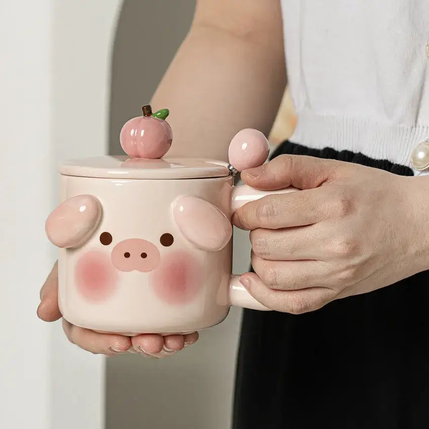 DecorBites™ Animal Ceramic Mug Set: Pig Dog Design, Lid, Spoon, Saucer - Breakfast Coffee Cup