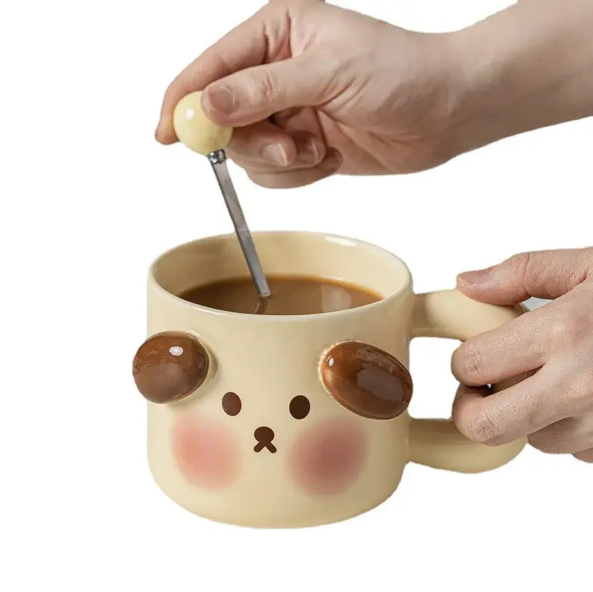 DecorBites™ Animal Ceramic Mug Set: Pig Dog Design, Lid, Spoon, Saucer - Breakfast Coffee Cup