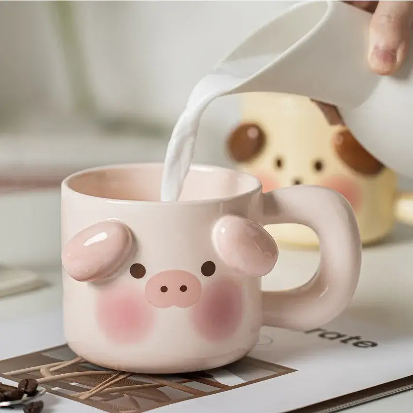 DecorBites™ Animal Ceramic Mug Set: Pig Dog Design, Lid, Spoon, Saucer - Breakfast Coffee Cup