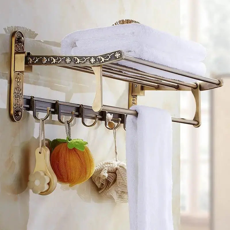 DecorBites™ Antique Bathroom Shelf Towel Rack Set with Bath Hardware & Toilet Brush Holder