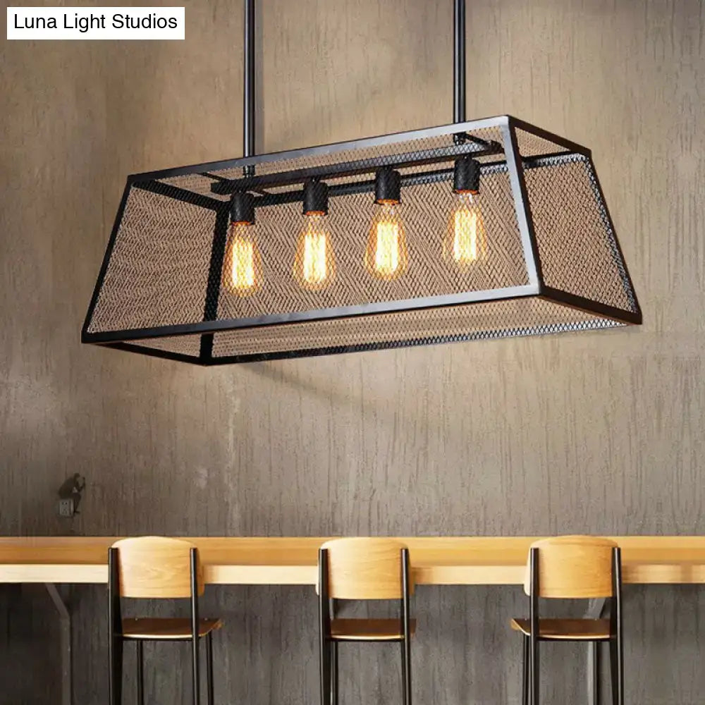 DecorBites™ Antique Black Iron Trapezoid Suspension Light with 4 Heads - Restaurant Island Chandelier