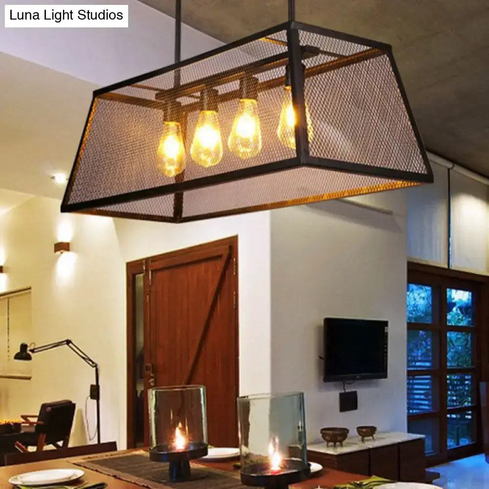 DecorBites™ Antique Black Iron Trapezoid Suspension Light with 4 Heads - Restaurant Island Chandelier